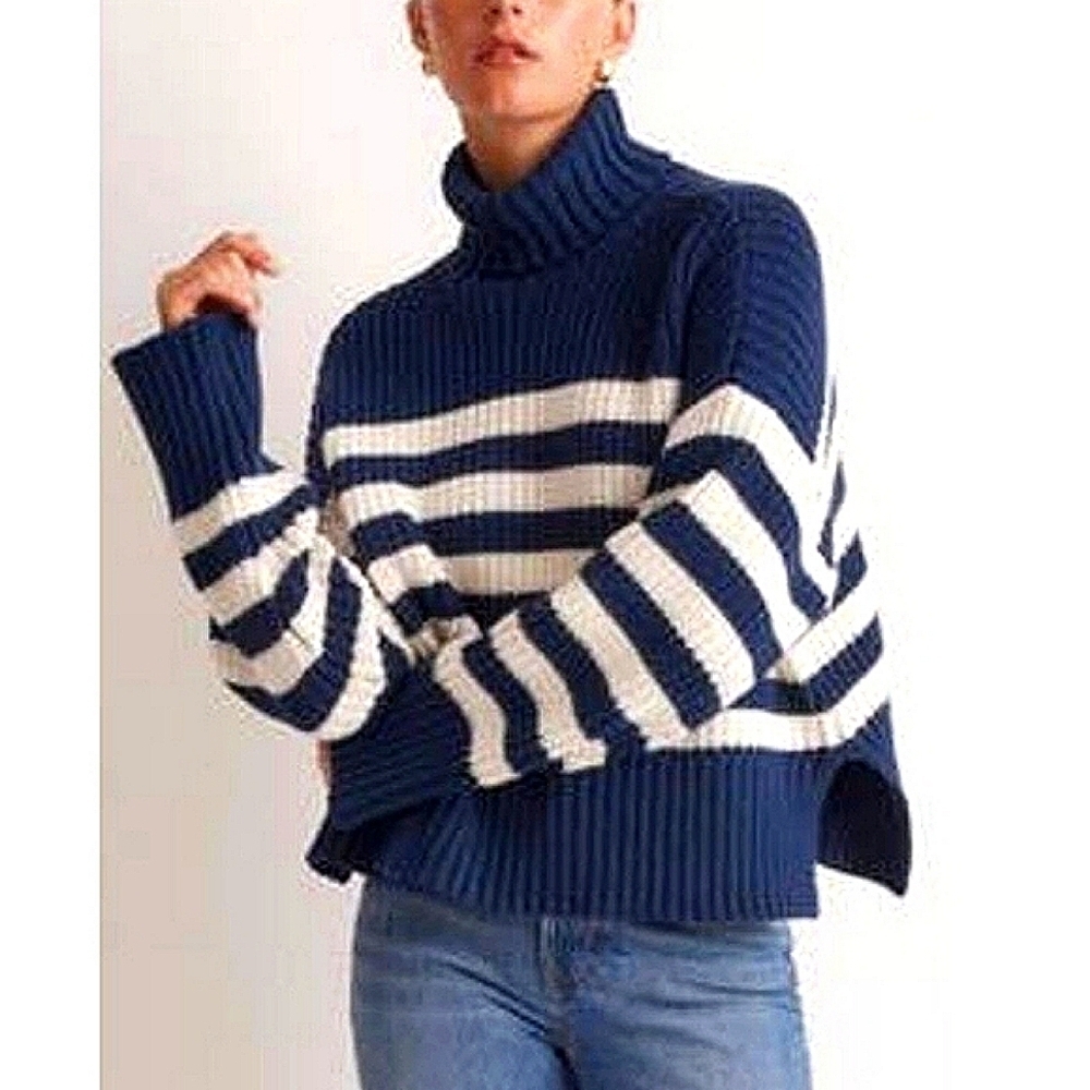 Madewell Navy & White Nautical‎ Striped Boxy Cropped Wide Rib Turtleneck Sweater